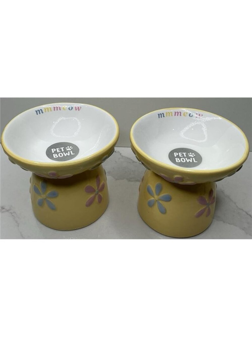 2 Teddy Paw’s Pet Food Bowl Pet Ceramic Elevated Blue & White Floral New